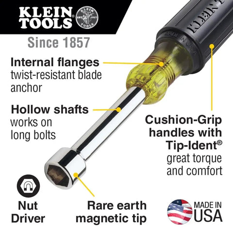 Pro Grade 28 Piece Hand Tool Kit With Pliers Screwdrivers Nut Drivers Hex Keys Level Crimper Wire Stripper Wire Cutter NCVT Flashlight GFCI Tester And Backpack For Jobsite Ready Pros And DIYers featuring nut driver with cushion-grip handle and magnetic tip by Klein Tools.