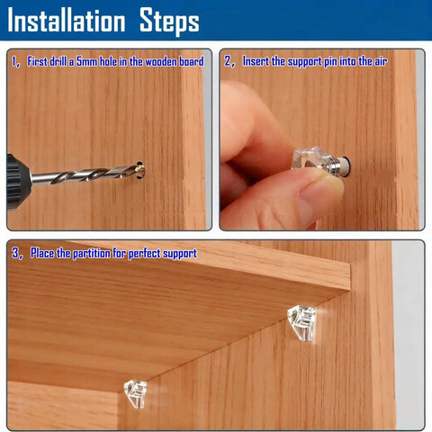 Installation steps for Durable Clear Plastic Shelf Pegs For Furniture Upgrades With A Quick Fix And Zero Drama 50 Piece Set Of 5 Mm Cabinet Support Pins.