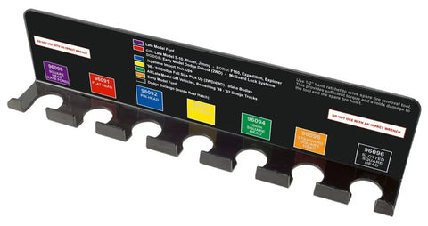 Must-Have Heavy Duty Seven Piece Spare Tire Retrieval Tool Kit display with color-coded labels and tool outlines.