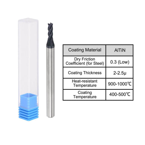 2.5mm Square Nose End Mill Pack Of 2 Solid Carbide CNC Router Bits With AlTiN Coating 4 Flute Spiral Milling Cutter displayed with specs