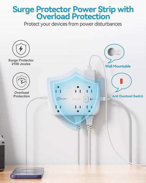 Power Strip With USB and 2100J Surge Protector Five Foot Flat Plug Extension Cord 12 Outlets and 6 USB Ports Including 3 USB C Fast Charging Station 3 Side Outlet Extender Wall Mountable for Tablets Laptops and More wall-mounted.