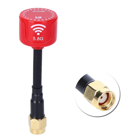 Red 5.8GHz 3dBi RHCP FPV antenna with RP SMA inner hole for RC racing drones, showing easy install design and connector detail.