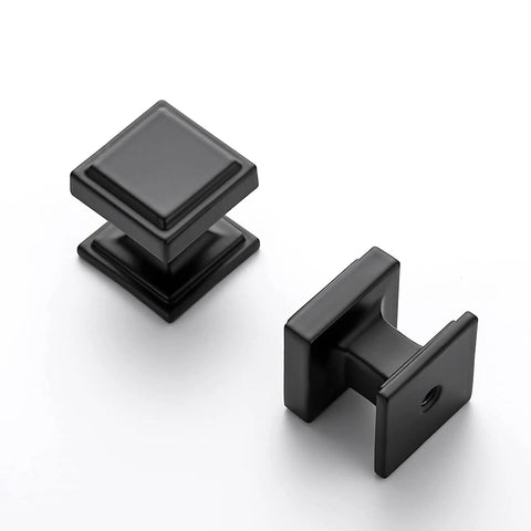 25 Pack Matte Black Square Cabinet Knobs Made From Solid Zinc For Built Tough Rust Resistant Kitchen And Bath Hardware Fit For Cupboards Dressers Closets And Bathrooms Modern Farmhouse Drawer Pulls, two knobs on white background