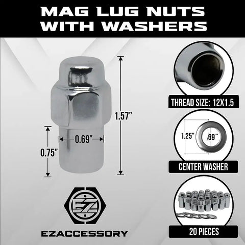 Mag Lug Nut Set 12mmx1.5 With Center Washer Chrome Finish 20 Pcs Fits Cragar SS Wheels And Standard Mag Seating Thirteen Sixteenths Inch Hex Durable Wheel Hardware For Toyota Mitsubishi Mazda And More