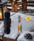 IP68 Waterproof Outdoor Junction Box Kit with 2 Pin and 3 Pin Cable Connectors for garden landscape lights in snowy setting