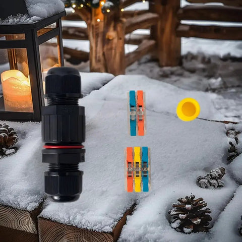 IP68 Waterproof Outdoor Junction Box Kit with 2 Pin and 3 Pin Cable Connectors for garden landscape lights in snowy setting