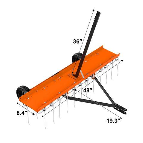 48 Inch Tow Behind Dethatcher With 24 Spring Steel Tines Lift Handle Tow Behind Rake For Riding Mower Removes Thatch And Debris Quickly