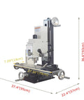 Precision Benchtop Drill And Mill Machine Featuring R8 Spindle Taper And 1.5HP Brushless Motor with dimensions displayed.