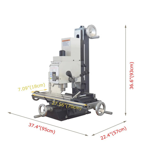 Precision Benchtop Drill And Mill Machine Featuring R8 Spindle Taper And 1.5HP Brushless Motor with dimensions displayed.