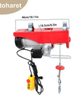 Heavy Duty PA1000 Electric Hoist 2200 Lbs Capacity Wired Remote Control with 13ft Sling, side view with measurements shown.