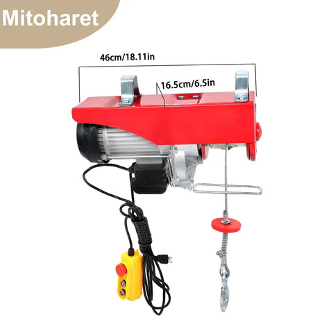 Heavy Duty PA1000 Electric Hoist 2200 Lbs Capacity Wired Remote Control with 13ft Sling, side view with measurements shown.