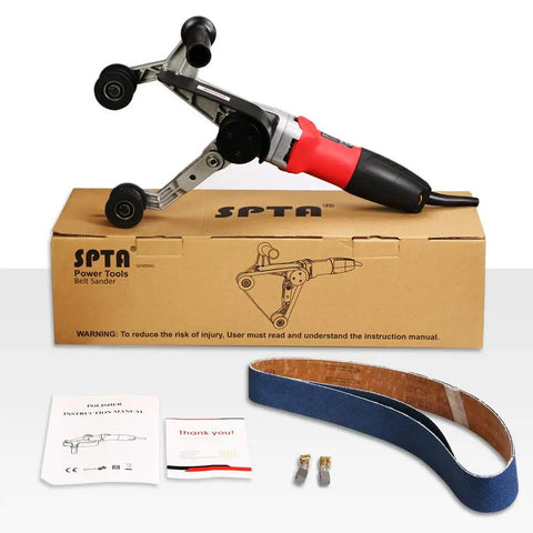 Pro Grade Stainless Steel Pipe Belt Sander Polisher with 110V 800W power, box, alumina oxide belt, silicon carbide wheel shown