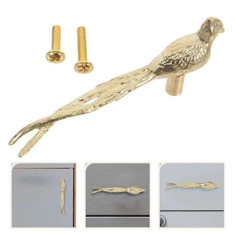 Dope Brass Bird Shape Cabinet Handles With Golden Finish, Sleek And Unique Design, with included screws, for home and office use.