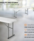 6 Ft Folding Picnic Bench With HDPE Tabletop, Totally Portable Indoor Outdoor Seating For Parties, Camping, Picnics And Tailgates, Durable Gray Frame, Easy To Fold And Store, Multipurpose Benchtop Table For Entertaining; shown with focus on tabletop and frame features including supporting structure and dimensions in background.