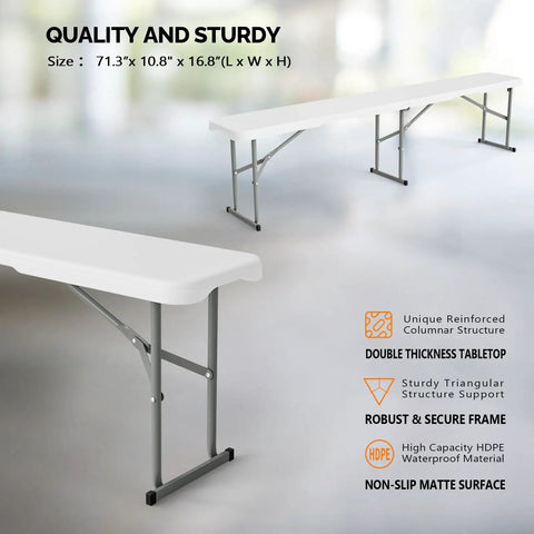 6 Ft Folding Picnic Bench With HDPE Tabletop, Totally Portable Indoor Outdoor Seating For Parties, Camping, Picnics And Tailgates, Durable Gray Frame, Easy To Fold And Store, Multipurpose Benchtop Table For Entertaining; shown with focus on tabletop and frame features including supporting structure and dimensions in background.
