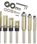 8 Piece Trim Router Bit Set With 4 Flush Trim Bits And 4 Pattern Bits Includes 6 Bearings And 2 Wrenches Made For Easy Pro Level Woodworking And Sharp Precise Cuts On Wooden Materials, displayed with components.