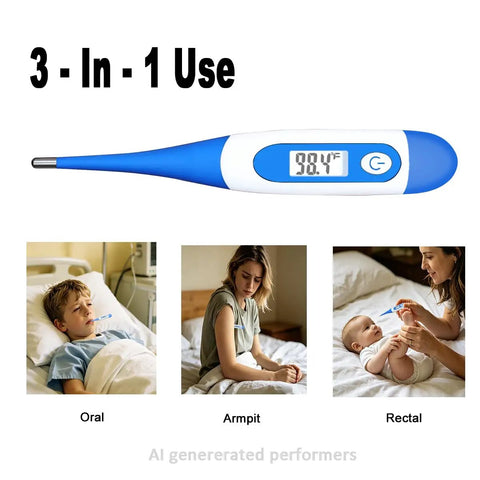 One Button Digital Thermometer For Fever Relief, No Fuss Oral And Rectal Use For Adults, Pack Of 4, Minimalist Sleek Design, Quick Accurate Readings, Easy Operation For Busy Homes, 3-in-1 use shown for oral, armpit, and rectal