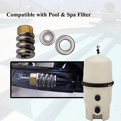 Rock Solid Brass Spring Barrel Nut Assembly For DE Pool Spa Cartridge Filters with spring, nut and seals showing compatibility.