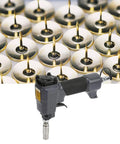 Lightweight Pneumatic Nail Gun For Trim And Finish Work shown with metal pins for woodwork, durable and ergonomic build.