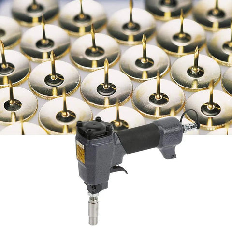Lightweight Pneumatic Nail Gun For Trim And Finish Work shown with metal pins for woodwork, durable and ergonomic build.