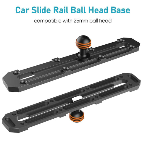 Car slide rail ball head base compatible with 25mm ball head, black aluminum accessory rail with mounting slots
