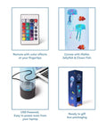LED Jellyfish Lamp With Remote, 20 Color Changing LEDs, 2 Clownfish And 2 Jellyfish Figures, packaging and remote control view