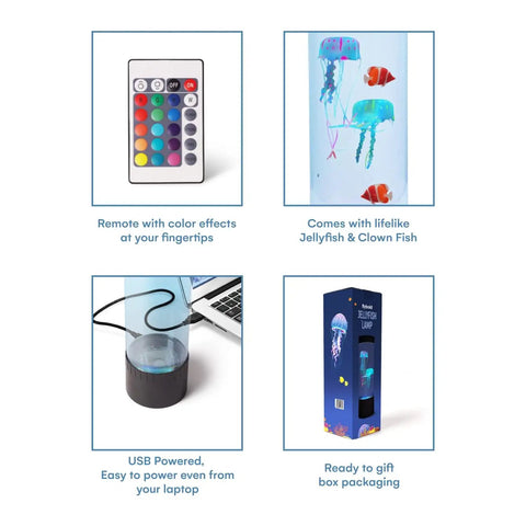 LED Jellyfish Lamp With Remote, 20 Color Changing LEDs, 2 Clownfish And 2 Jellyfish Figures, packaging and remote control view