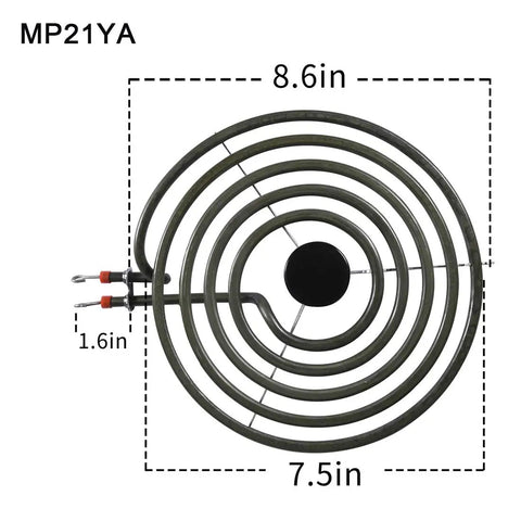 Electric Range Burner Element Replacement Kit MP21YA 8.6in element with dimensions labeled, for quick plug and play cooktop upgrade.