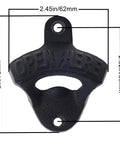 Heavy Duty Cast Iron Wall Mounted Wooden Board Beer Bottle Cap Opener With Powder Coated Black Finish Pack Of Three close-up image with dimensions.