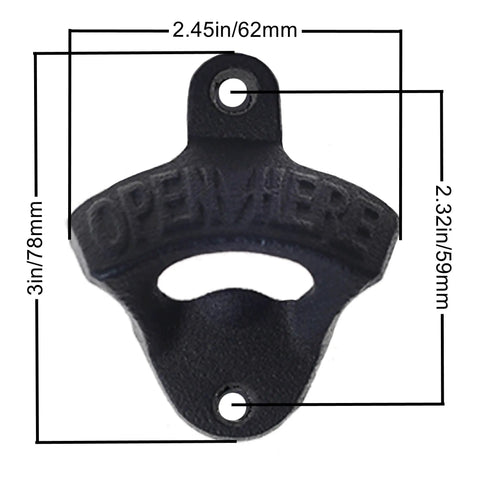 Heavy Duty Cast Iron Wall Mounted Wooden Board Beer Bottle Cap Opener With Powder Coated Black Finish Pack Of Three close-up image with dimensions.