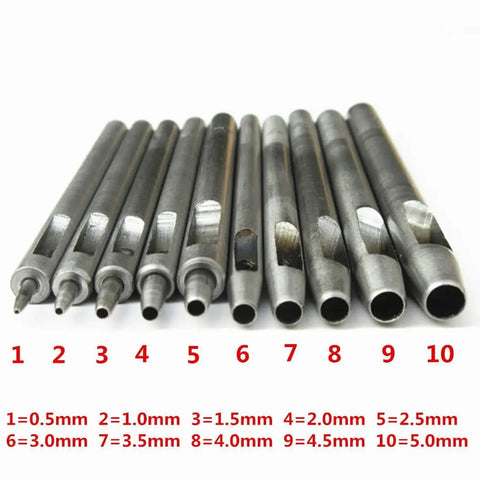 Leather Punch Tool Kit With Ten Sizes From 0.5mm To 5.0mm For Belts Wallets And Bags Heavy Duty Hole Puncher Set Professional Leatherworking Tools For DIY And Repair, showing 10 carbon steel punches.