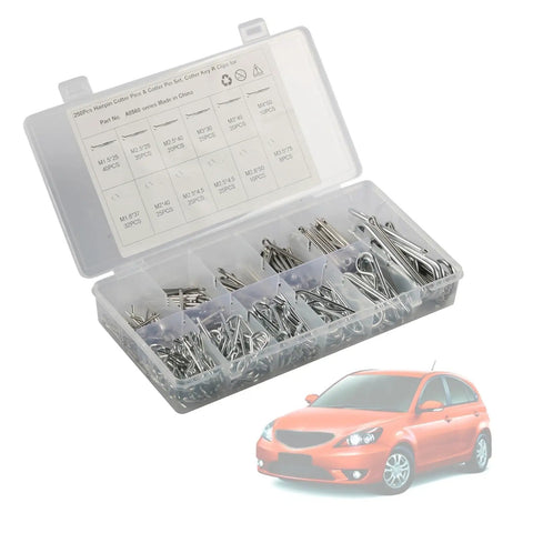 250 Piece Stainless Cotter Pin And Hairpin Kit With Spring Retaining Pins, Clip Pins For Auto Repair, DIY Projects, And Mechanical Maintenance. Open organizer box with assorted stainless pins for car repair.