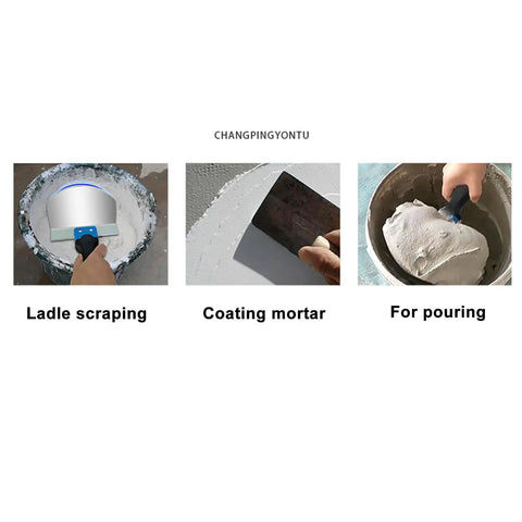 Ladle scraping with Arc Shaped Drywall Putty Knife, 402 stainless steel tool for finishing and patching, smooth edges, easy grip.