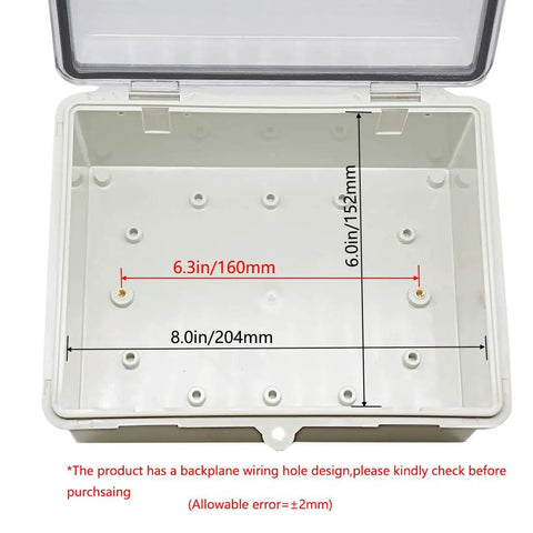 Open Rugged Outdoor IP65 Weatherproof Electrical Junction Box With Hinged Clear Cover And Two Cable Glands, interior view