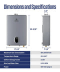 Whole House Gas Tankless Water Heater Shoots Out Instant Hot Water At 7.9 Gallons Per Minute With A Serious 180000 Btu Rating For Nonstop Family Flow Without The Cold Shower Blues dimensions and specs image showing size and features.