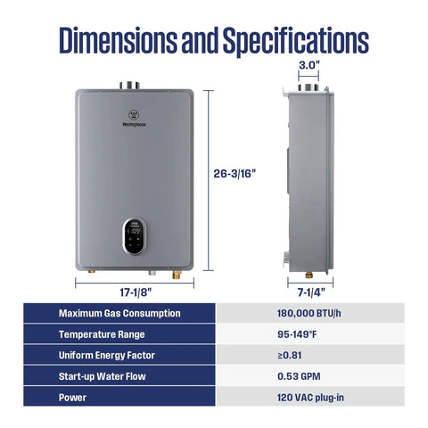 Whole House Gas Tankless Water Heater Shoots Out Instant Hot Water At 7.9 Gallons Per Minute With A Serious 180000 Btu Rating For Nonstop Family Flow Without The Cold Shower Blues dimensions and specs image showing size and features.