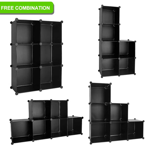 12 Cube Storage Organizer Shelf Unit, DIY Plastic Closet Cabinet, modular bookcase, various configurations, rugged black shelves.