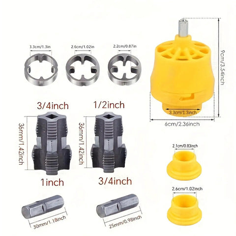 Killer Precision One Inch Water Pipe Threading Tool Built Hella Tough Die Cast Metal, multiple die sizes and grip shown.
