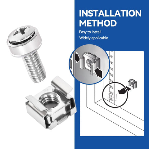 Rock Solid 120 Pack M6 X 20mm Stainless Steel Rack Mount Screws And Cage Nuts Built Tough Server Rack Kit installation method illustration