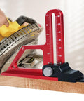 Rock Solid Aluminum Height Gauge And Table Saw Push Block With Dead On 0 To 60 Millimeter Adjustment on wood, with depth dial showing measurements.