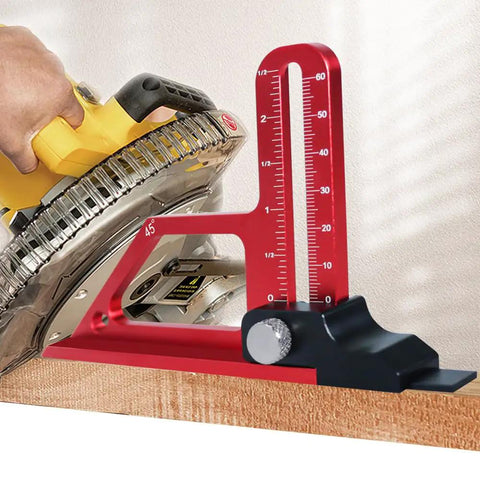 Rock Solid Aluminum Height Gauge And Table Saw Push Block With Dead On 0 To 60 Millimeter Adjustment on wood, with depth dial showing measurements.