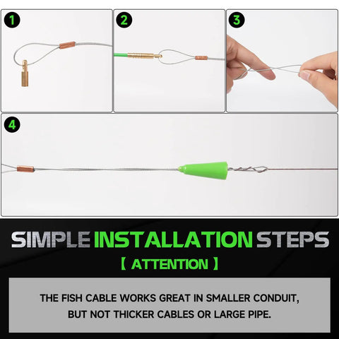 Installation steps for 45Ft Fiberglass Running Wire Cable Kit With Glow Rods And Fish Tape Pro Grade Easy Wire Puller Set