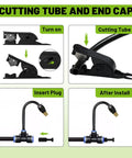 Instruction on tube cutting and end cap insertion for All In One Drip Irrigation Kit With 100 Ft Hose And 360 Degree Nozzles