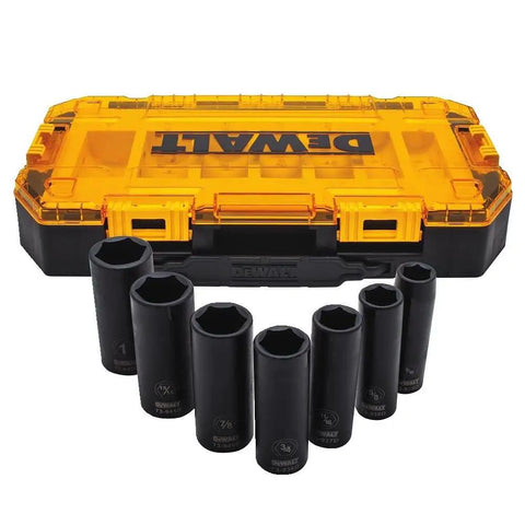 Lockable Tough Box 7 Piece Deep Drive Impact Socket Set, 1/2 Inch SAE Chrome Vanadium Sockets, Stacking Case With Clear Lid and Removable Tray