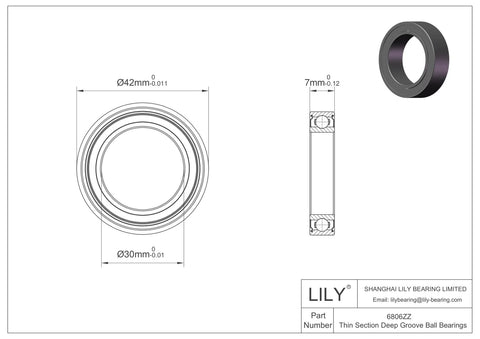 Technical drawing of a precision 6806ZZ ball bearing showing dimensions, including 42mm outer diameter and 7mm width.