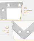 Close-up view of sturdy stainless steel L shaped brackets heavy duty corner braces for flat surfaces DIY furniture and cabinet support.