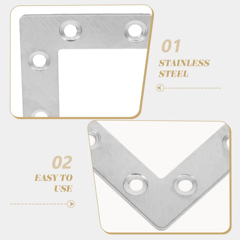 Close-up view of sturdy stainless steel L shaped brackets heavy duty corner braces for flat surfaces DIY furniture and cabinet support.