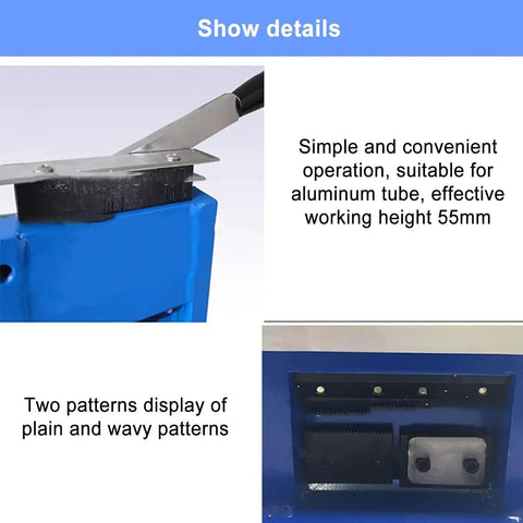 Close-up of the Ultimate Manual Metal Hose Sealer Crimping Machine For Cosmetics Tube Closure, displaying aluminum tube clamps and pattern options.