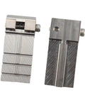 Thinking Process: 2-piece stainless steel key fixture clamp, 16.9x54.1mm, shown closed and open for key cutting