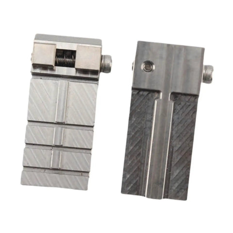 Thinking Process: 2-piece stainless steel key fixture clamp, 16.9x54.1mm, shown closed and open for key cutting